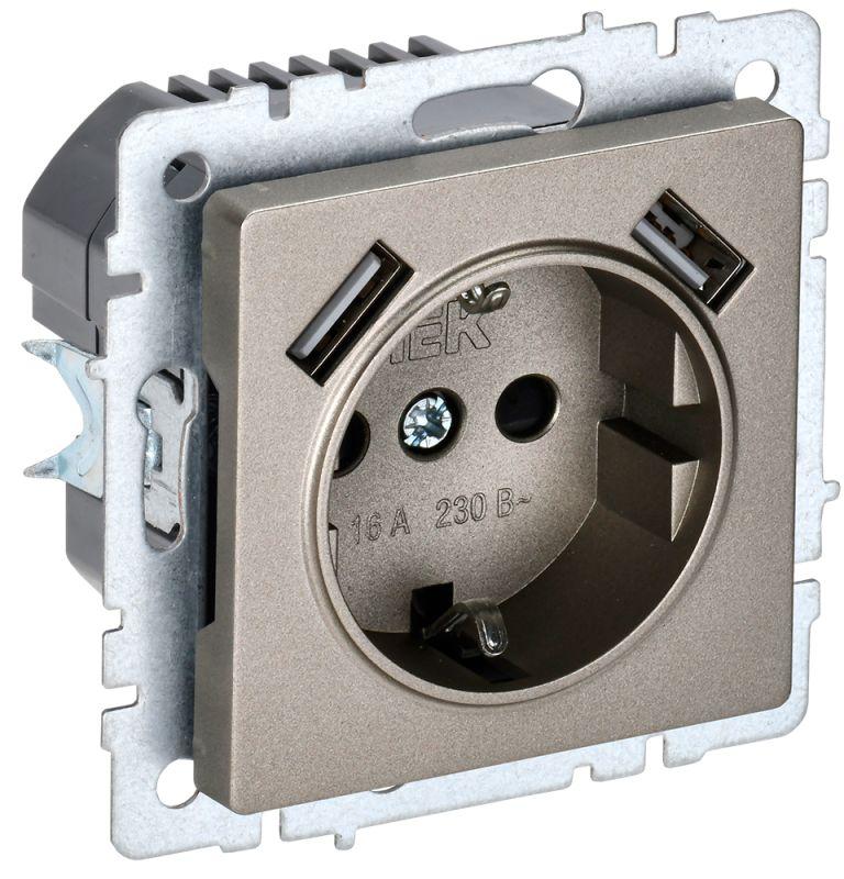 Розетка BRITE РЮш10-2-БрШ 16А с USB A+A 3.1А с заземл. защ. шторки шампань IEK BR-R14-16-U21-D31-K37 купить оптом выгодно Розетка BRITE РЮш10-2-БрШ 16А с USB A+A 3.1А с заземл. защ. шторки шампань IEK BR-R14-16-U21-D31-K37 оптом купить цена