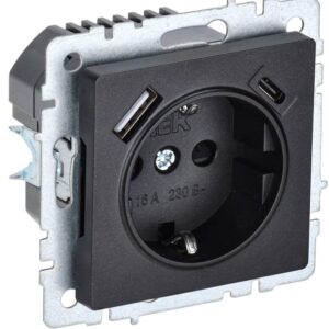 Розетка BRITE РЮш11-1-БрЧ 16А с USB A+C 18Вт с заземл. защ. шторки черн. IEK BR-R14-16-U22-018-K02 оптом купить цена