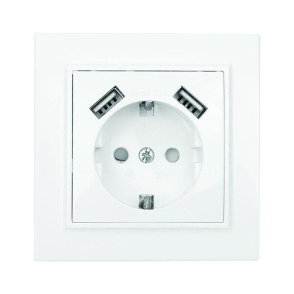 Розетка 1-м СП Минск 16А IP20 с заземл. защ. шторки с 2-мя заряд. устройствами USB 2.1А бел. EKF ERR16-028-100-2USB оптом купить цена