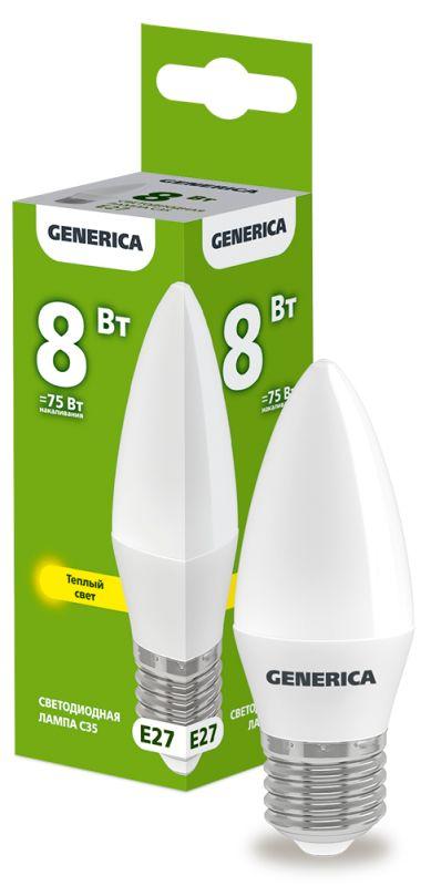 Лампа светодиодная C35 8Вт свеча 3000К E27 230В GENERICA LL-C35-08-230-30-E27-G купить оптом выгодно Лампа светодиодная C35 8Вт свеча 3000К E27 230В GENERICA LL-C35-08-230-30-E27-G оптом купить цена
