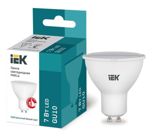 Лампа светодиодная Eco 7Вт PAR16 софит 4000К нейтр. бел. GU10 230В IEK LLE-PAR16-7-230-40-GU10 оптом купить цена