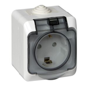 Розетка 1-м ОП Этюд 16А IP44 250В с заземл. защ. шторки с крышкой бел. SE PA16-044B оптом купить цена