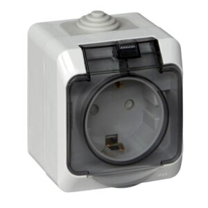 Розетка 1-м ОП Этюд 16А IP44 250В с заземл. защ. шторки с крышкой сер. SE PA16-044C оптом купить цена
