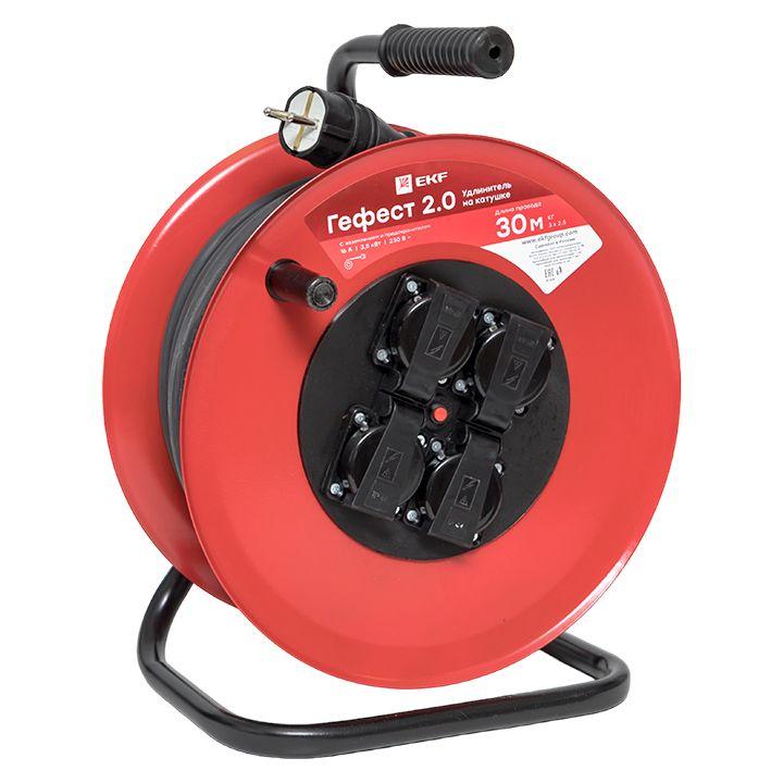 Удлинитель на катушке 4х30м с заземл. 16А IP44 Гефест 2.0 3.5кВт КГ 3х2.5 с предохранителем PROxima EKF UKG02-16-R325-4-30-IP44 купить оптом выгодно Удлинитель на катушке 4х30м с заземл. 16А IP44 Гефест 2.0 3.5кВт КГ 3х2.5 с предохранителем PROxima EKF UKG02-16-R325-4-30-IP44 оптом купить цена
