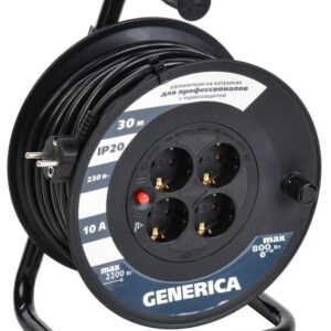 Удлинитель на катушке 4х30м 10А IP20 УК30 2P+PE 3х1 термозащита GENERICA WKP10-10-04-30-G оптом купить цена