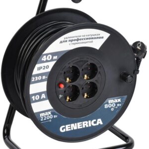 Удлинитель на катушке 4х40м 10А IP20 УК40 2P+PE 3х1 термозащита GENERICA WKP10-10-04-40-G оптом купить цена