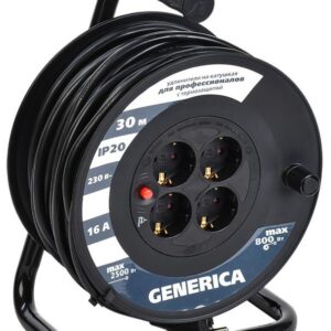Удлинитель на катушке 4х30м 16А IP20 УК30 2P+PE 3х1.5 термозащита GENERICA WKP20-16-04-30-G оптом купить цена