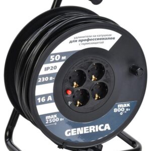 Удлинитель на катушке 4х50м 16А IP20 УК50 2P+PE 3х1.5 термозащита GENERICA WKP20-16-04-50-G оптом купить цена