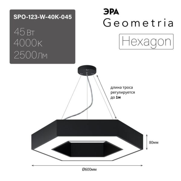 Светильник LED ЭРА Geometria SPO-123-B-40K-045 Hexagon 45Вт 4000К 2500Лм IP40 600*600*80 черный подвесной купить оптом недорого