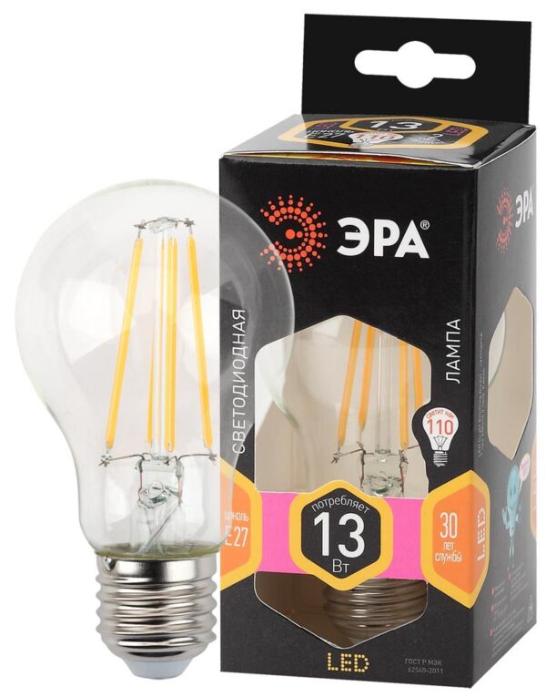 Лампочка светодиодная ЭРА F-LED A60-13W-827-E27 Е27 / Е27 13Вт филамент груша теплый белый свет купить оптом недорого