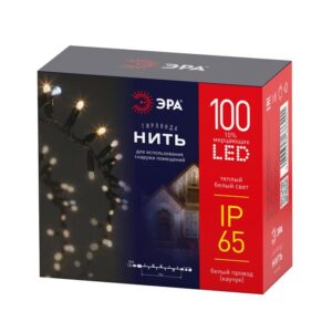 Светодиодная новогодняя гирлянда ЭРА ERAPS-WK10 нить уличная белый каучук 10 м желтая 100 LED купить оптом недорого
