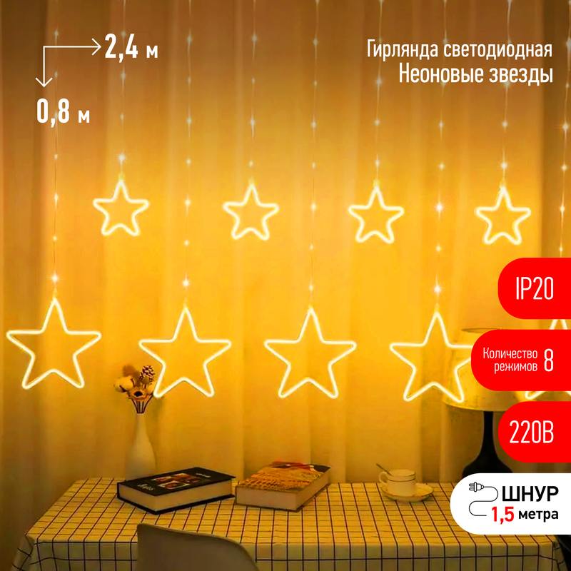 Светодиодная новогодняя гирлянда ЭРА ЕGNIG - ST занавес Неоновые звезды 8 режимов 2 Светодиодная новогодняя гирлянда ЭРА ЕGNIG - ST занавес Неоновые звезды 8 режимов 2