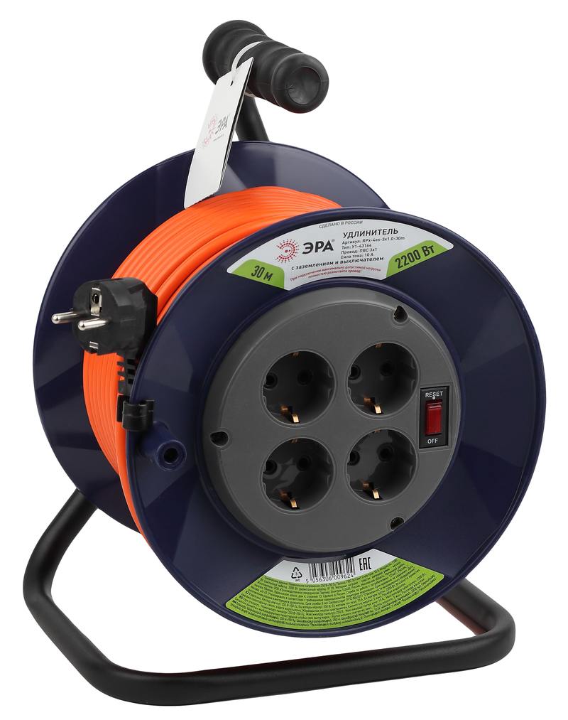 Удлинитель силовой ЭРА RPx-4es-3х1.0-30m на пластиковой катушке c заземлением 4 розетки 30м ПВС 3х1мм2 оптом купить хорошая цена Удлинитель силовой ЭРА RPx-4es-3х1.0-30m на пластиковой катушке c заземлением 4 розетки 30м ПВС 3х1мм2 купить оптом недорого