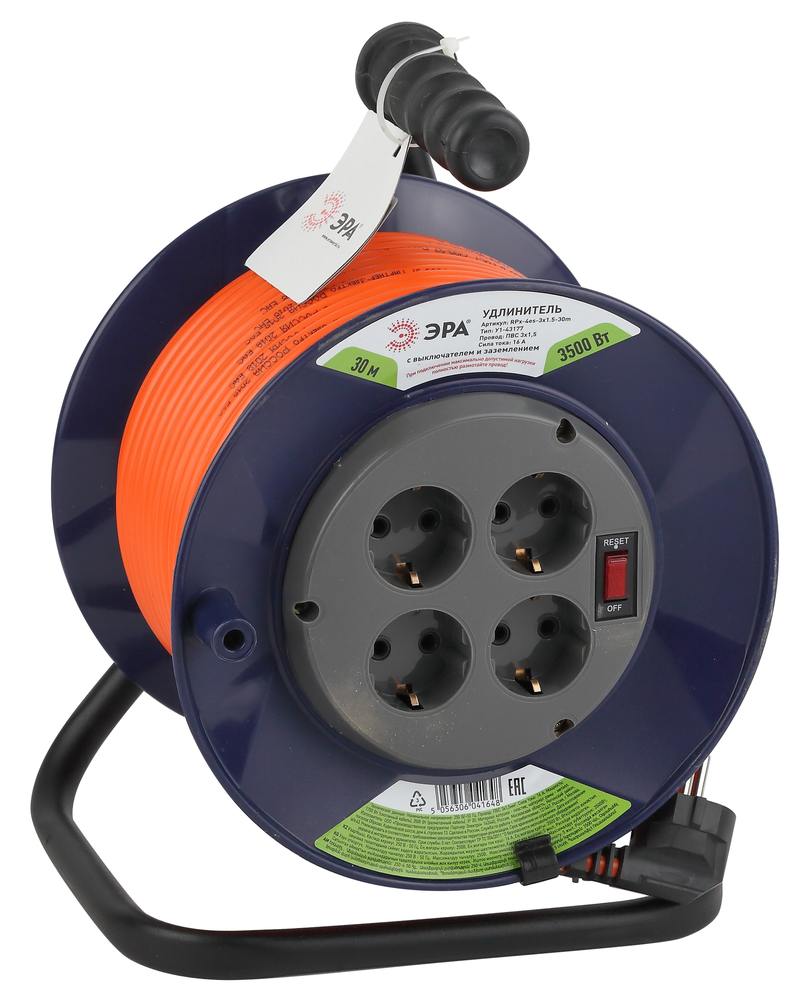 Удлинитель силовой ЭРА RPx-4es-3x1.5-30m на пластиковой катушке c заземлением 4 розетки 30м ПВС 3х1.5мм2 оптом купить хорошая цена Удлинитель силовой ЭРА RPx-4es-3x1.5-30m на пластиковой катушке c заземлением 4 розетки 30м ПВС 3х1.5мм2 купить оптом недорого