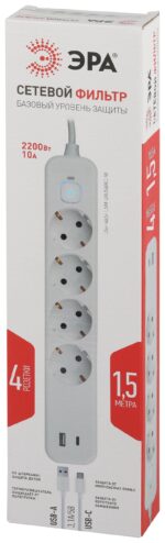 5m-2xUSBAC-W с базовой защитой с заземлением с выключателем 4 розетки+2xUSBA+C3