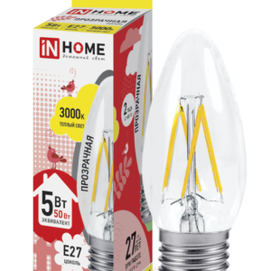 Лампа светодиодная LED-СВЕЧА-deco 5Вт 230В Е27 3000К 450Лм прозрачная IN HOME купить оптом недорого