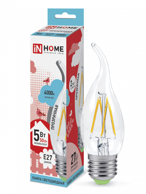 Лампа светодиодная LED-СВЕЧА НА ВЕТРУ-deco 5Вт 230В Е27 4000К 450Лм прозрачная IN HOME оптом купить хорошая цена Лампа светодиодная LED-СВЕЧА НА ВЕТРУ-deco 5Вт 230В Е27 4000К 450Лм прозрачная IN HOME купить оптом недорого