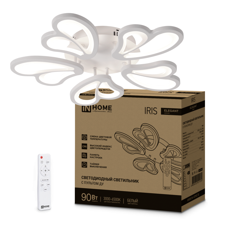 Светильник светодиодный ELEGANT IRIS 90Вт 230В 3000-6500K 7000Лм 545х557х90мм c пультом ДУ белый IN HOME оптом купить хорошая цена Светильник светодиодный ELEGANT IRIS 90Вт 230В 3000-6500K 7000Лм 545х557х90мм c пультом ДУ белый IN HOME купить оптом недорого