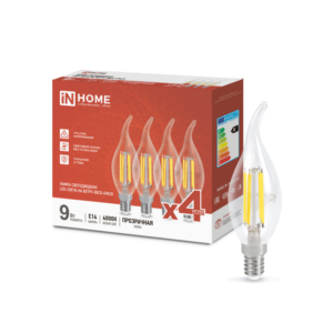Лампа светодиодная LED-СВЕЧА НА ВЕТРУ-deco 4PACK 9Вт 230В Е14 4000К 1040Лм (4шт./упак) прозрачная IN HOME купить оптом недорого
