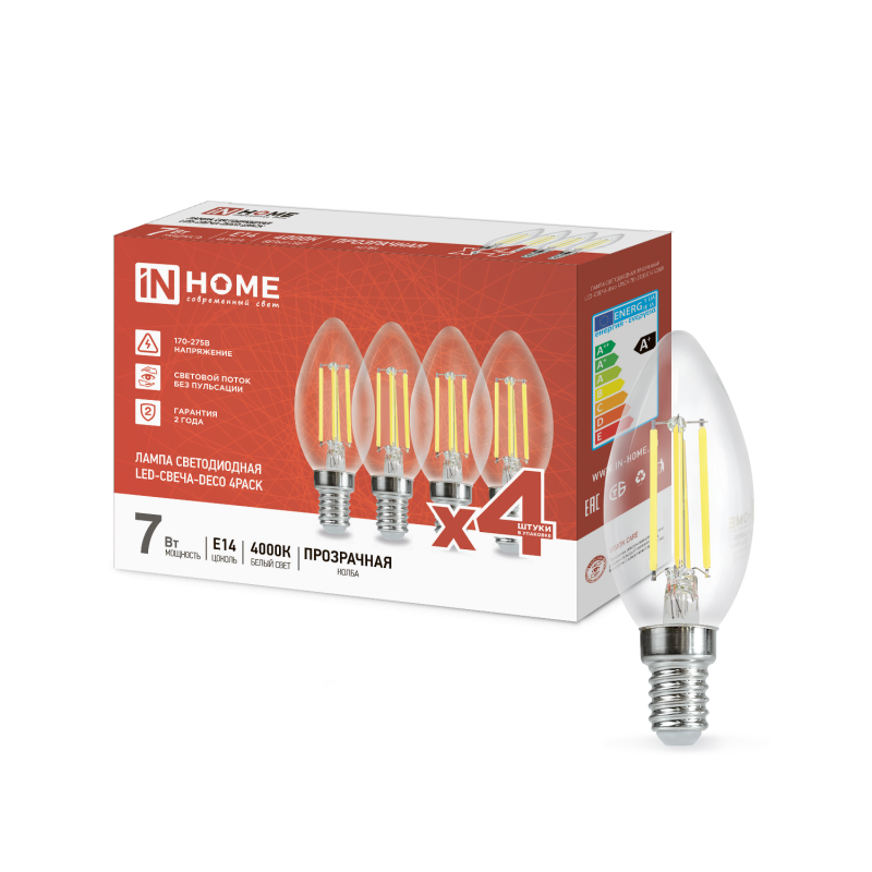 Лампа светодиодная LED-СВЕЧА-deco 4PACK 7Вт 230В Е14 4000К 810Лм (4шт./упак) прозрачная IN HOME оптом купить хорошая цена Лампа светодиодная LED-СВЕЧА-deco 4PACK 7Вт 230В Е14 4000К 810Лм (4шт./упак) прозрачная IN HOME купить оптом недорого