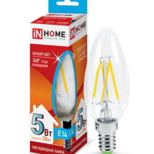 Лампа светодиодная LED-СВЕЧА-deco 5Вт 230В Е14 4000К 450Лм прозрачная IN HOME купить оптом недорого