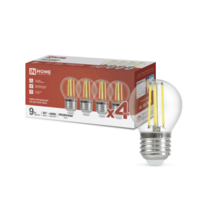 Лампа светодиодная LED-ШАР-deco 4PACK 9Вт 230В Е27 4000К 1040Лм (4шт./упак) прозрачная IN HOME купить оптом недорого