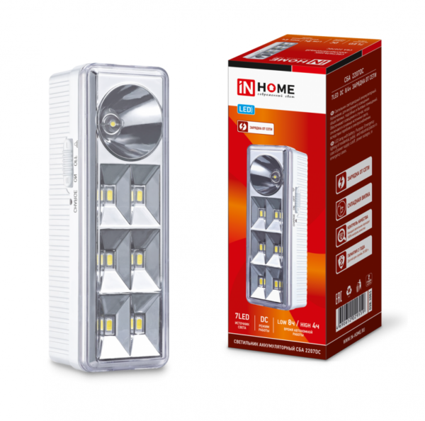 Светильник светодиодный аварийный СБА 2207DC 6+1LED 1.0Ah lithium battery DC IN HOME купить оптом недорого