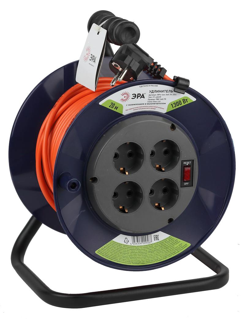 Удлинитель силовой ЭРА RPx-4es-3х0.75-20m на пластиковой катушке c заземлением 4 розетки 20м ПВС 3х0.75мм2 оптом купить хорошая цена Удлинитель силовой ЭРА RPx-4es-3х0.75-20m на пластиковой катушке c заземлением 4 розетки 20м ПВС 3х0.75мм2 купить оптом недорого