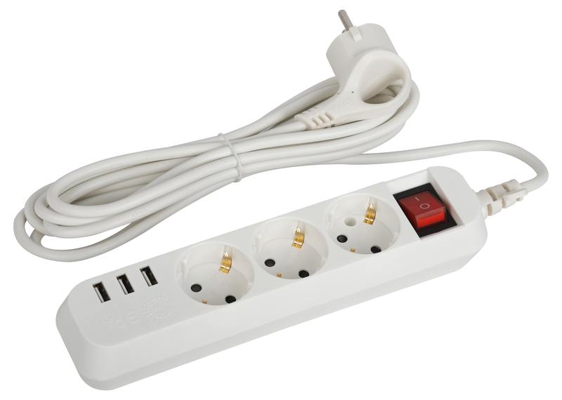 Удлинитель электрический ЭРА U-3es-3m-USB c заземлением с выключателем 3 розетки + 3xUSBA 3м 10А оптом купить хорошая цена Удлинитель электрический ЭРА U-3es-3m-USB c заземлением с выключателем 3 розетки + 3xUSBA 3м 10А купить оптом недорого